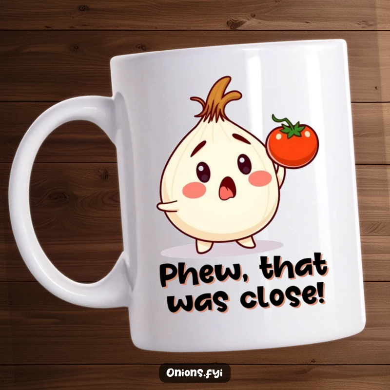 Funny onion character gasping in shock, dodging a falling tomato on a white background, ideal for a funny gift.