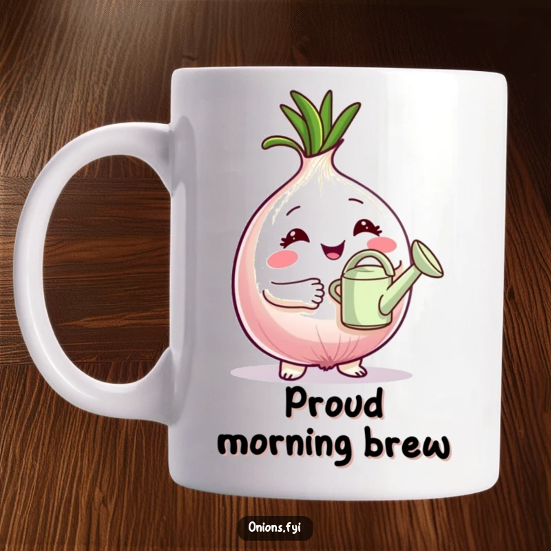 Funny Mug: Proud onion character holding a tiny watering can, showcasing joy and accomplishment in gardening. A perfect funny gift.