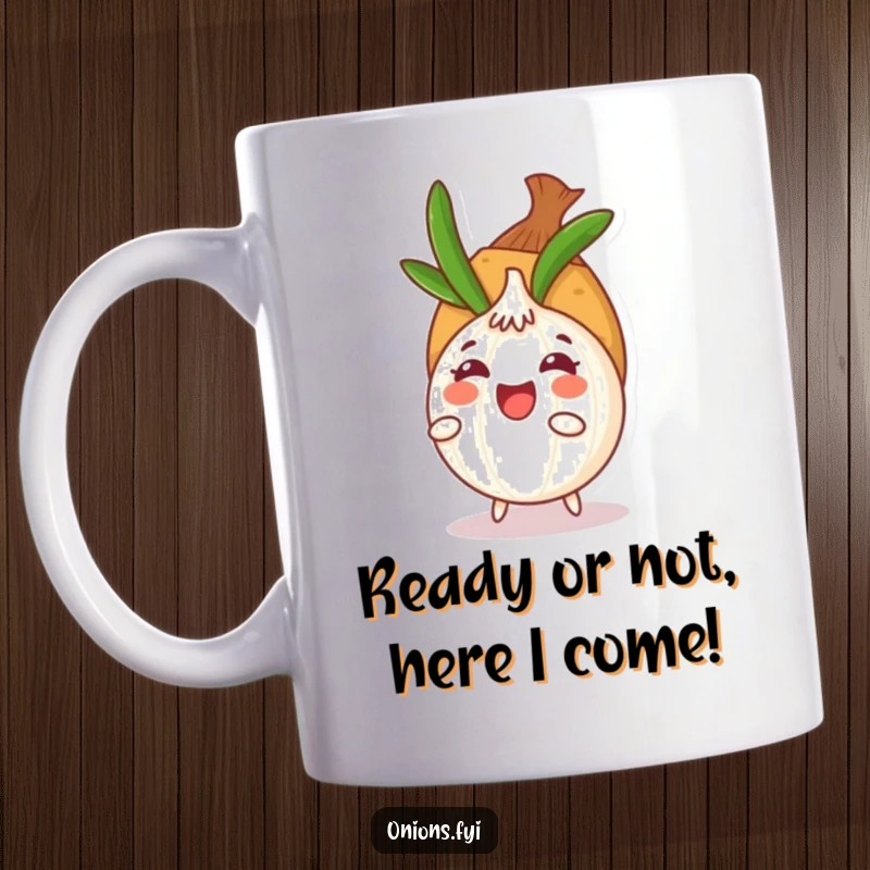 Funny hide-and-seek onion character peeking from behind a potato, depicted on a ceramic mug, evoking playful mischief.