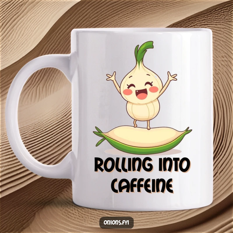 Funny onion character precariously balancing on a rolling pea, a humorous and dynamic design.