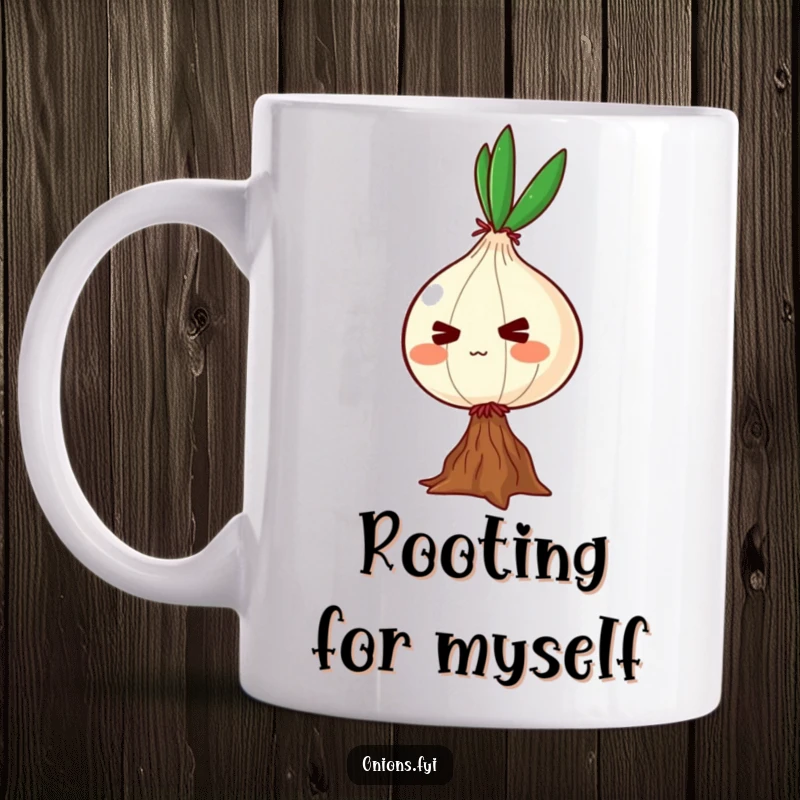 Funny mug featuring a determined onion character struggling to balance on a single root, symbolizing perseverance and effort.