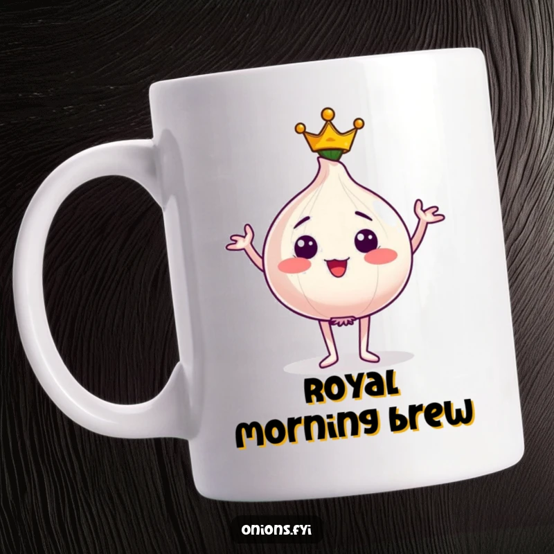 Funny mug with a proud onion character wearing a tiny crown, striking a regal and confident pose.