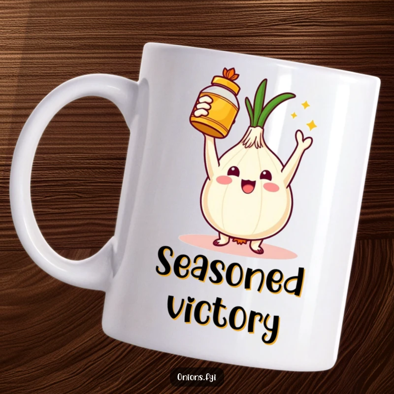 Funny mug showing a triumphant onion character holding a golden spice jar, symbolizing culinary victory and flavor achievement. Great gift.