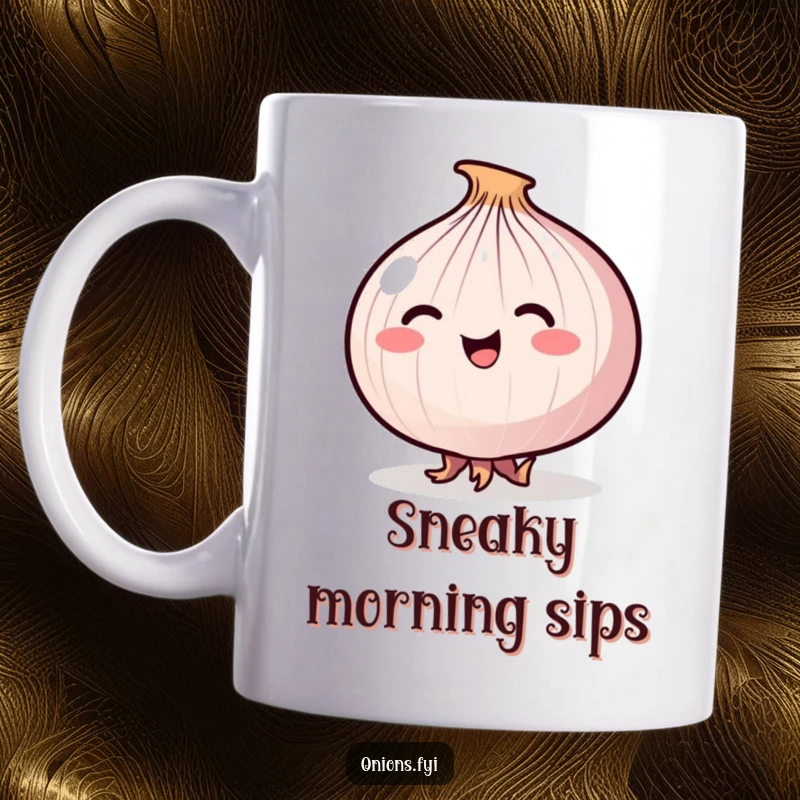 Funny Stealthy Onion Mug showing a happy onion attempting to tiptoe stealthily on its small roots, a comical sight.