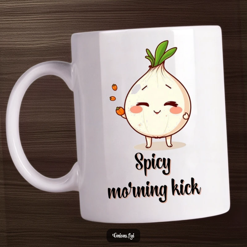 Funny onion character winking and juggling three small peppercorns, a skillful and humorous design.