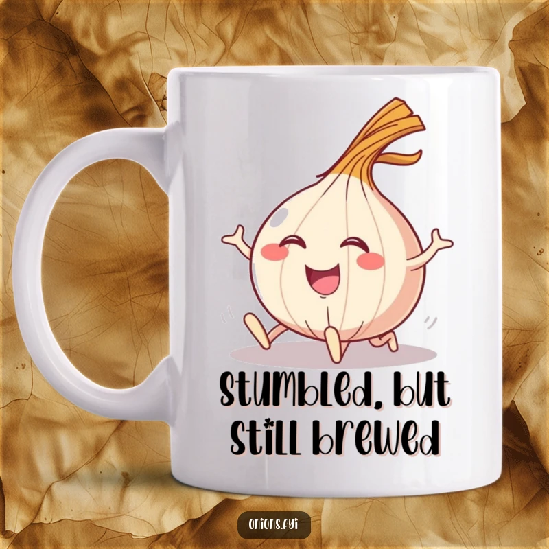 Funny mug showing a happy onion character tripping and landing with a dramatic, comical flourish.