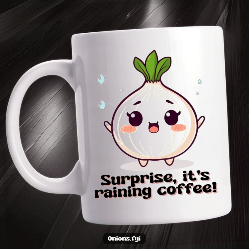 Funny mug featuring a surprised onion character expertly juggling tiny, shining droplets, symbolizing life's busy, sparkling moments.