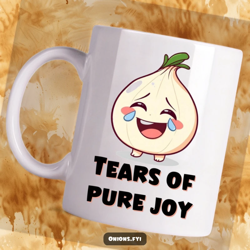 Funny onion character laughing so hard it sheds a single, sparkly tear on a mug, symbolizing intense joy.