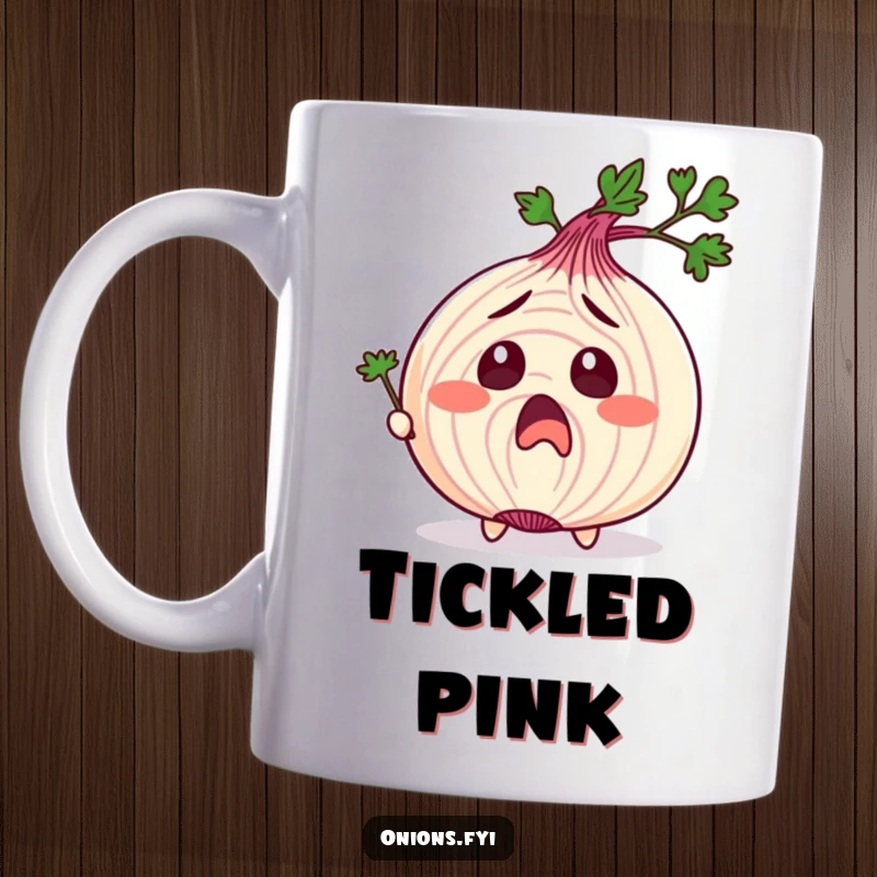 Funny mug showing an onion character with exaggerated surprise, being tickled by a tiny parsley sprig, capturing a silly moment.