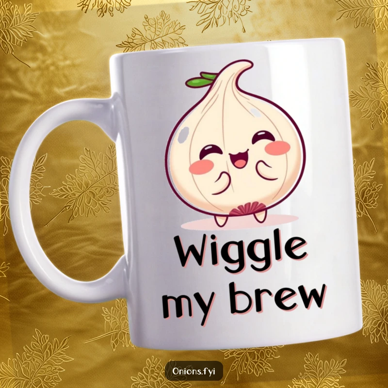 Funny Mug: Adorable Kawaii onion character doing a silly body wiggle, radiating pure joy and cuteness. A perfect funny gift.
