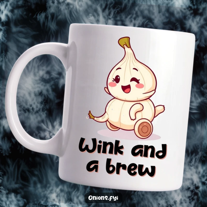 Funny mug featuring an onion character playfully winking as it rides on a rolling garlic clove, a humorous duo.