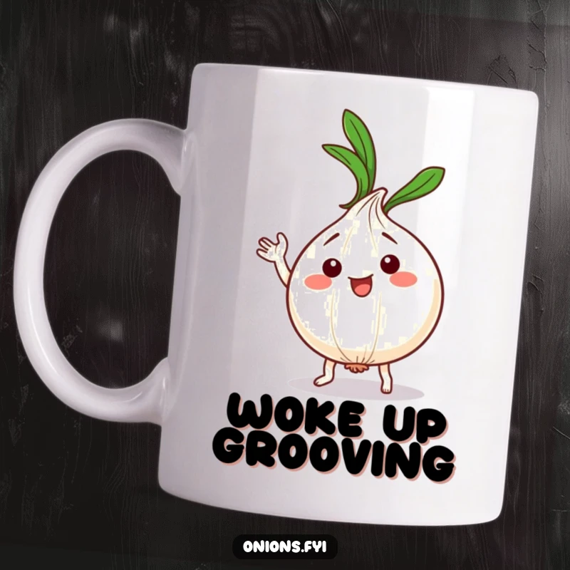 Funny Kawaii Onion Dance Mug: Cute onion character doing a silly dance, leafy top waving, perfect funny gift.