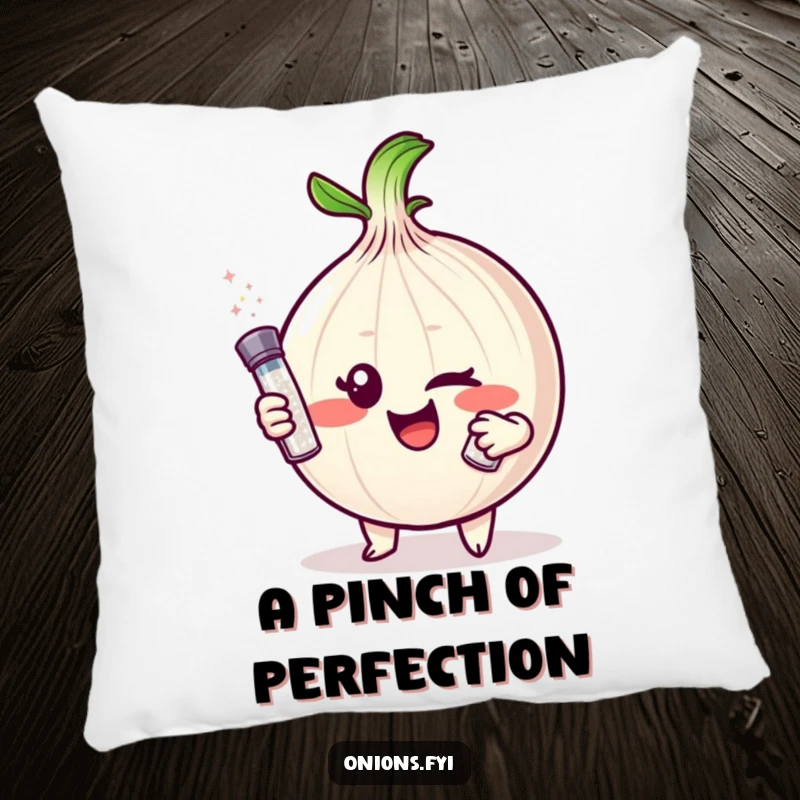 Funny Onion Pillow: A mischievous onion character winks, holding a tiny salt shaker, a plush and funny decorative item.