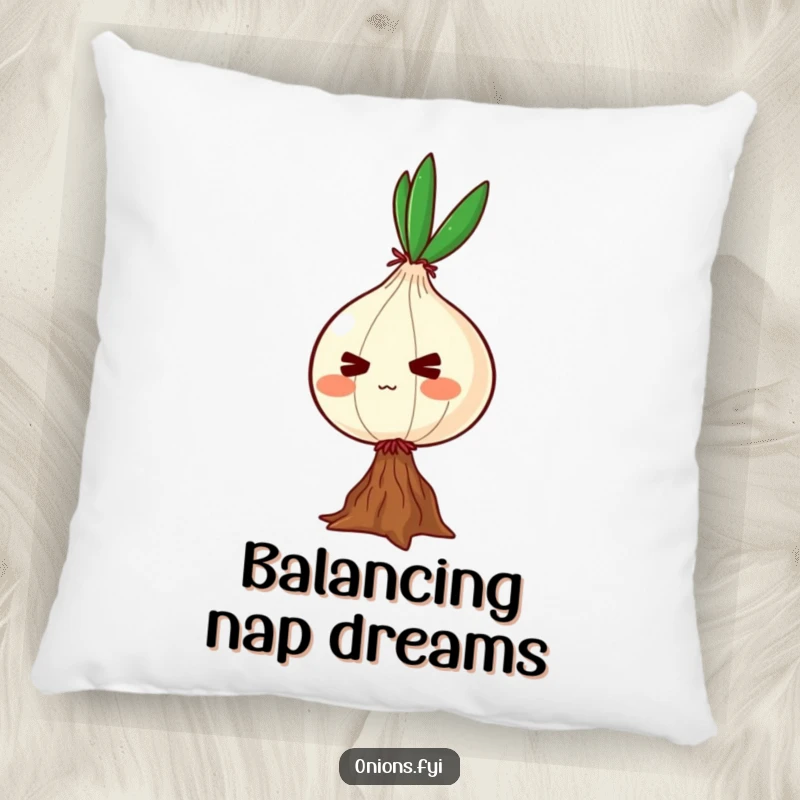 Funny pillow with a determined onion character balancing on a single root, offering comfort and a symbol of persistence.
