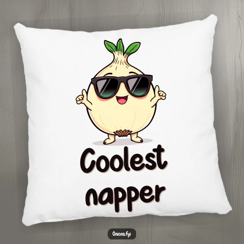 Funny kawaii onion character wearing sunglasses and striking a cool pose on a soft pillow for funny comfort.