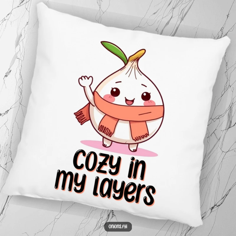 Funny pillow with a joyful onion character wearing a tiny scarf and waving hello.