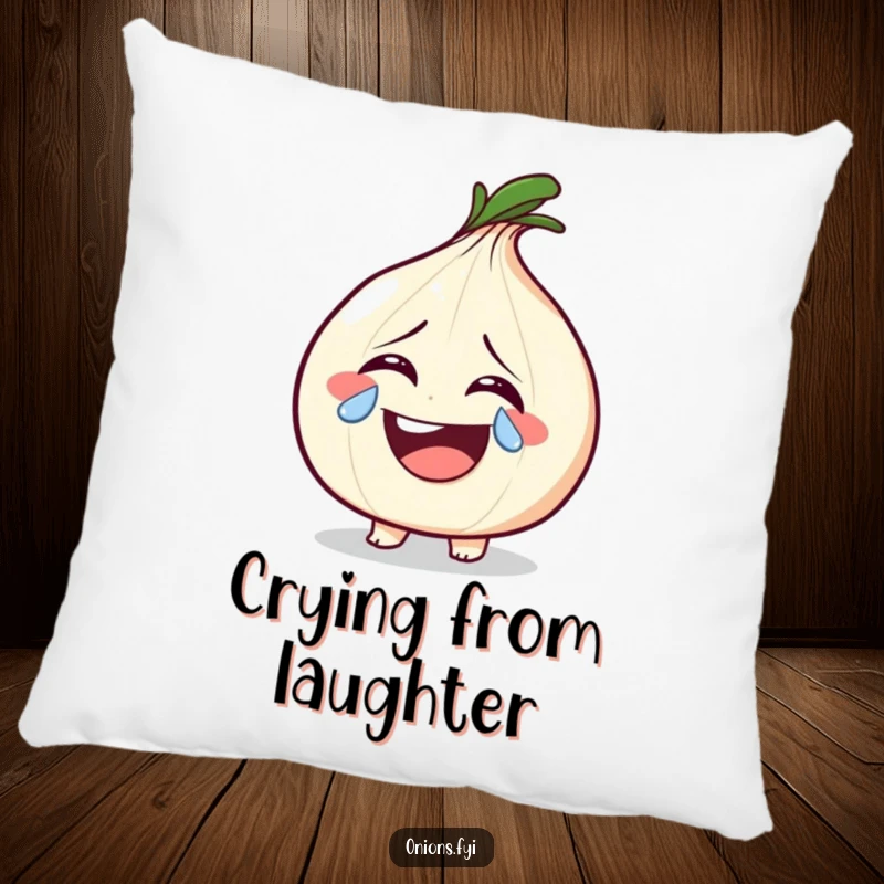 Funny onion shedding a sparkly tear from laughter on a soft pillow, offering comfort and a humorous representation of joy.