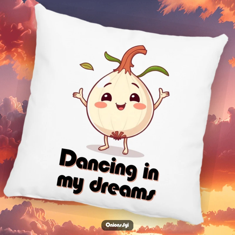 Funny dancing onion pillow, a smiling onion character playfully dancing with leaves flying, soft and joyful home decor.