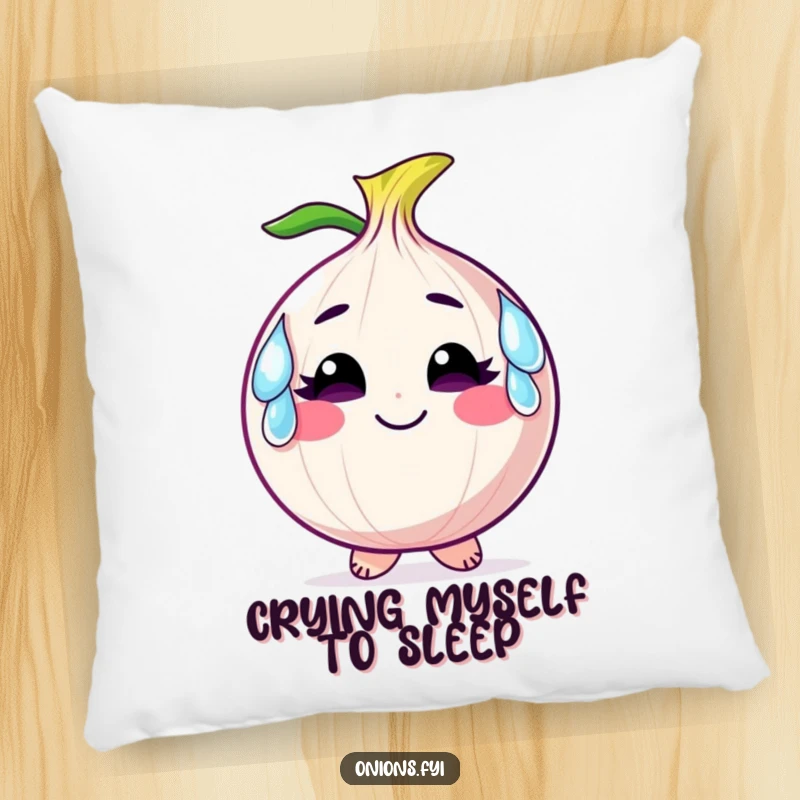 Funny pillow with a smiling onion character wearing large, comical tears as earrings, adding emotional humor to any room.