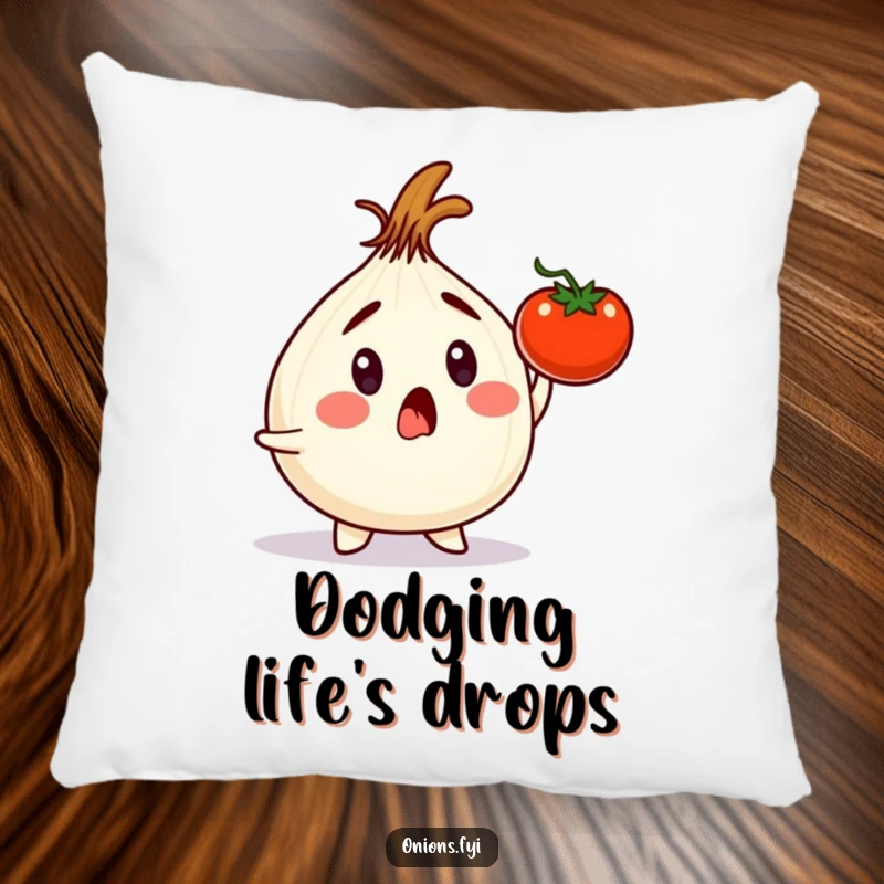 Funny onion character comically evading a falling tomato, depicted on a soft pillow, designed for funny gifts.