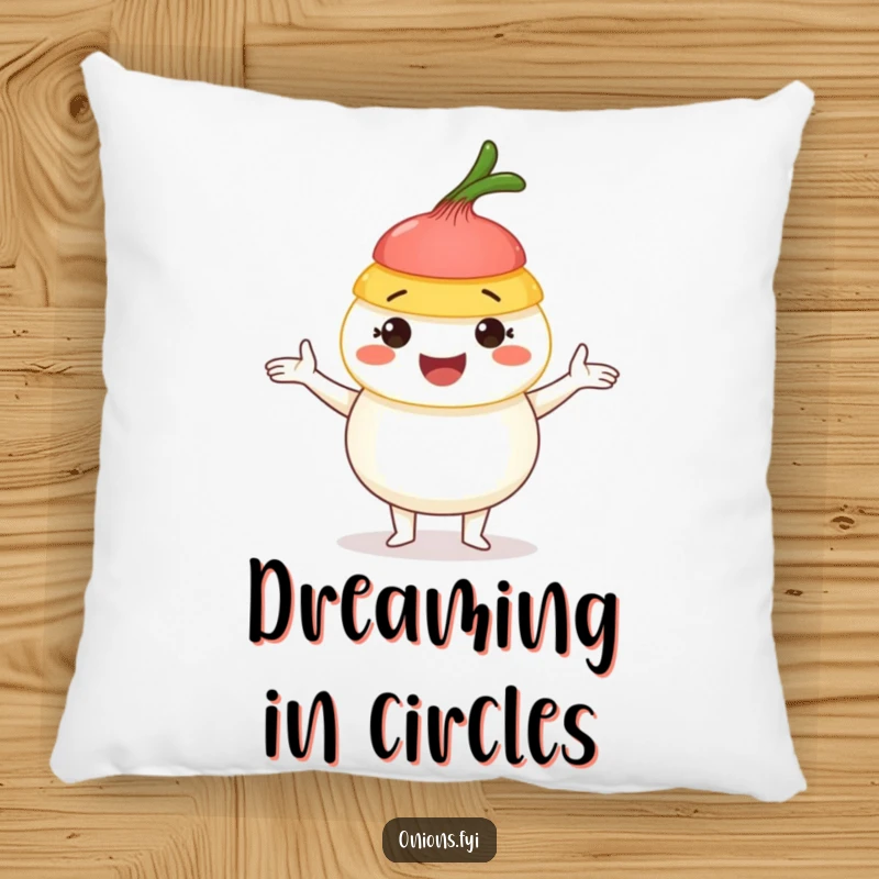 Funny Onion Juggling Pillow: A happy onion character juggling colorful layers, designed for maximum comfort and amusement.