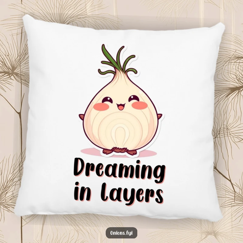 Funny onion character blushing proudly on a soft pillow, showcasing its layers of perfection.