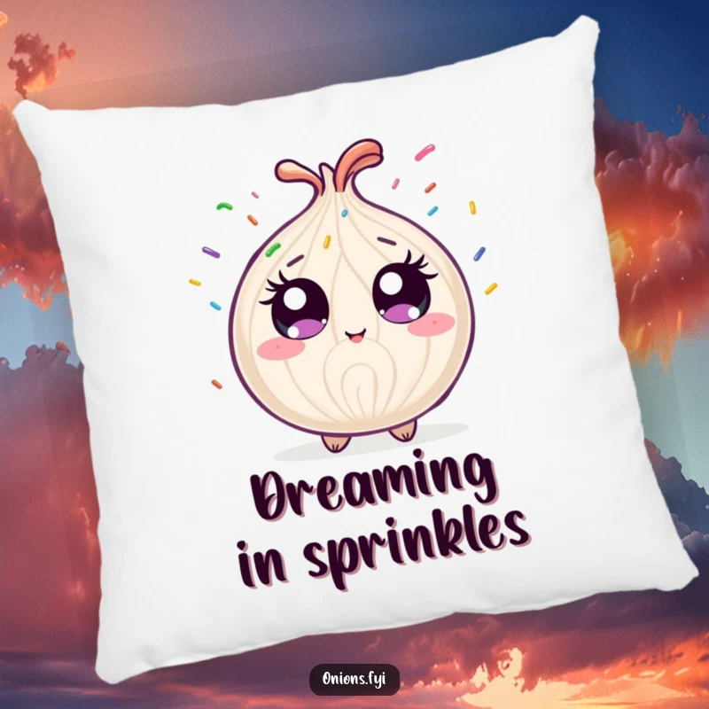Plush funny onion character showered by rainbow sprinkles, a soft and humorous decorative pillow.