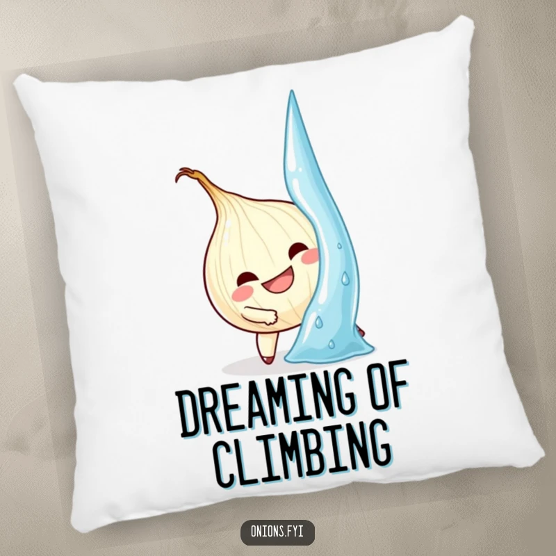 Funny Onion Pillow: Determined onion character climbing a giant water droplet, offering comfort and humor.