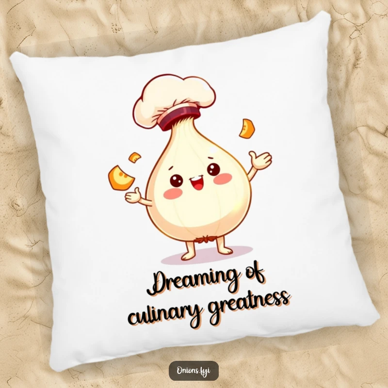 Funny onion chef character, juggling slices, on a soft pillow for humorous and comfortable home decor.