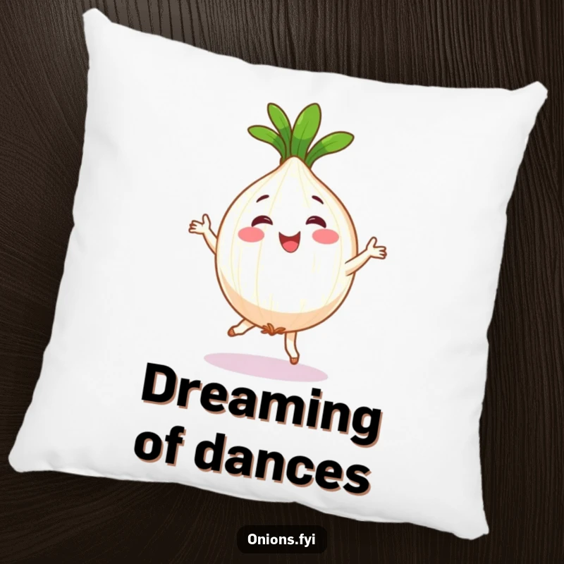 Funny pillow with a happy onion character doing a silly jig, adding cheer and vegetable humor to decor.