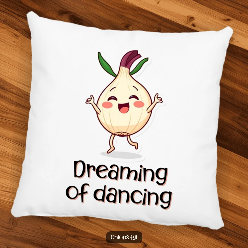 Funny pillow featuring a Kawaii onion character joyfully performing a dramatic dance routine, perfect for humorous comfort.