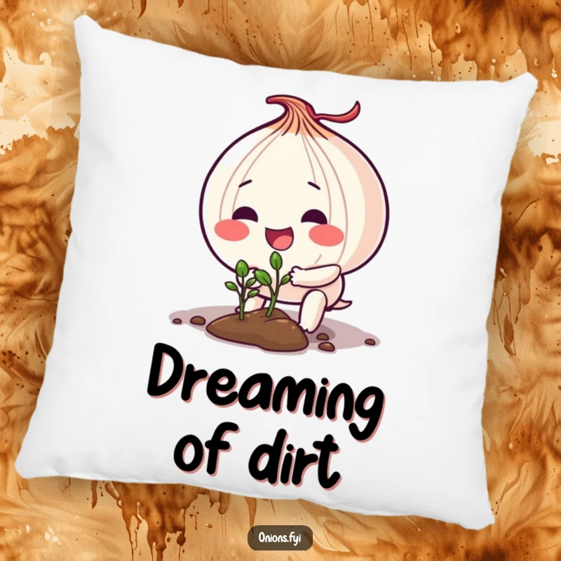 Funny pillow design of an onion character diligently planting a small seedling, creating a cozy and nurturing image.