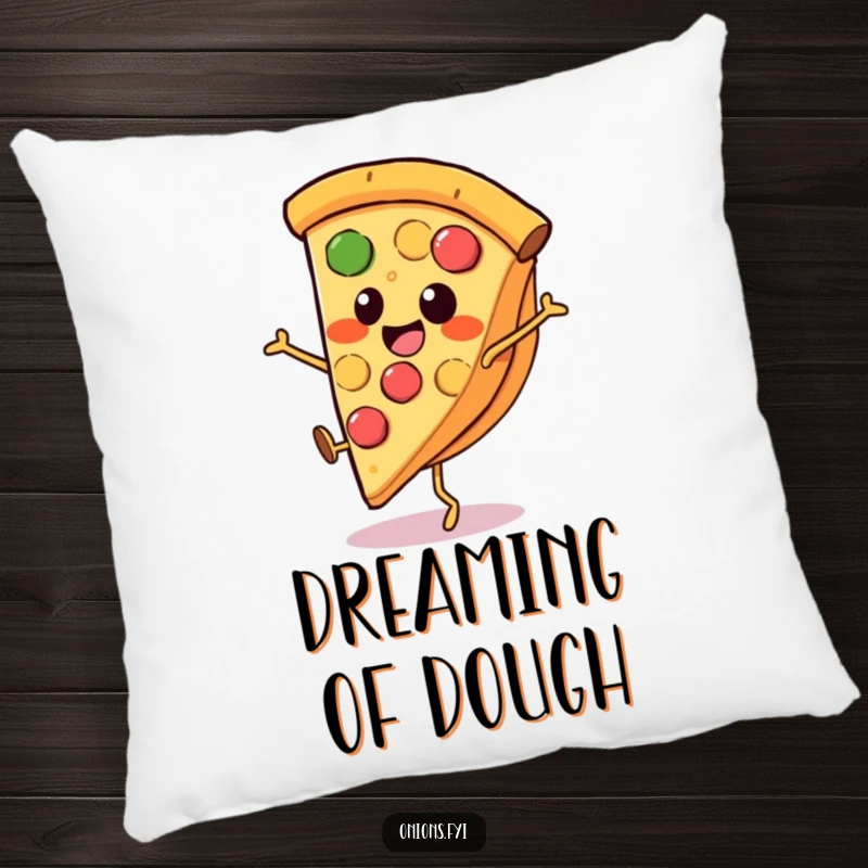 Funny pizza pillow, a smiling pizza slice with little legs performing a cartwheel, comfortable and amusing.