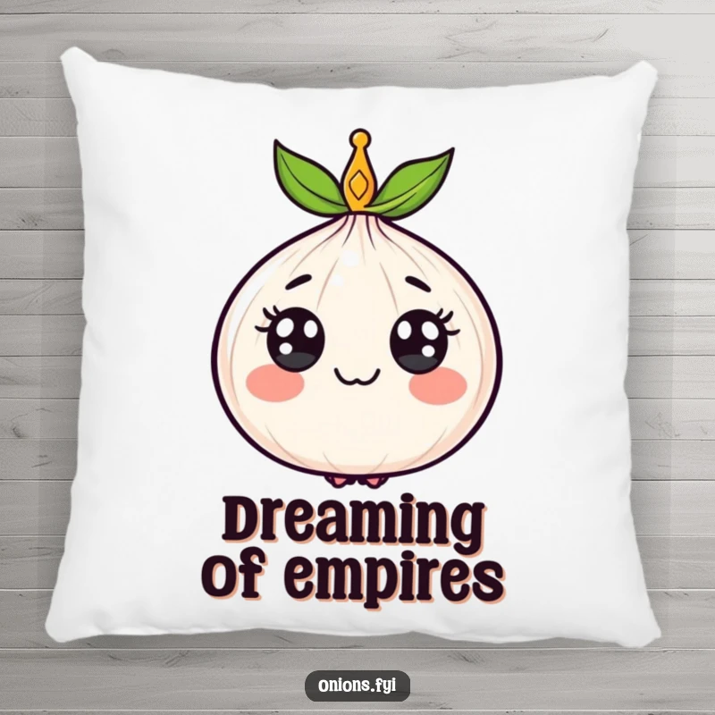Funny pillow decorated with a happy, crowned onion, providing cozy regal charm and humorous decorative appeal.