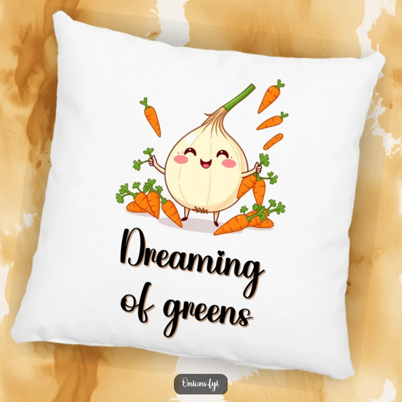 Funny Kawaii Onion Juggling Pillow: Adorable onion character juggling carrots with glee, funny gift.