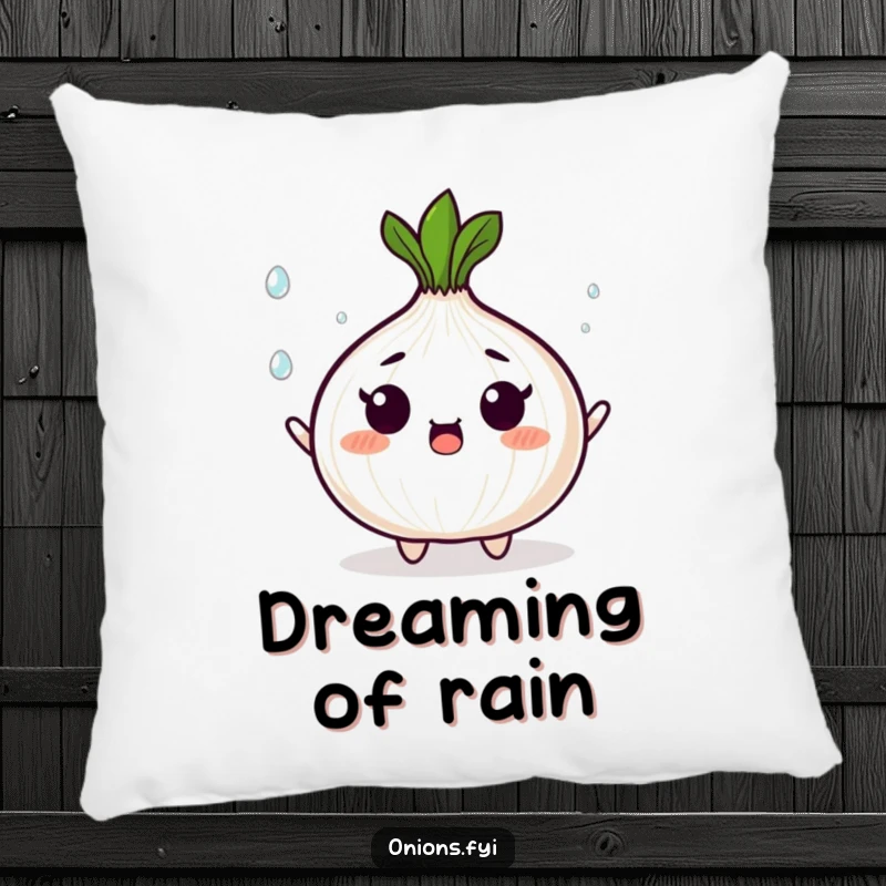 Funny pillow with a surprised onion character juggling tiny, shining droplets, adding busy humor to any room.