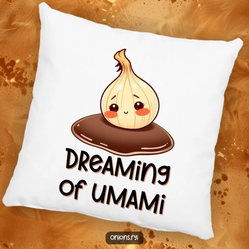 Funny pillow showcasing a wide-eyed onion character curiously investigating a huge drop of soy sauce, adding comfort and humor.