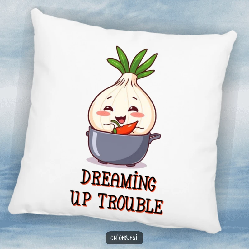 Funny onion character with a mischievous expression, adding spice to a pot, on a decorative pillow.