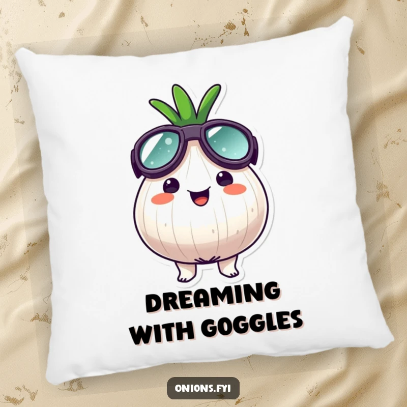 Funny goggle onion pillow, an onion character wearing oversized goggles, looking surprisingly happy, soft and adventurous decor.