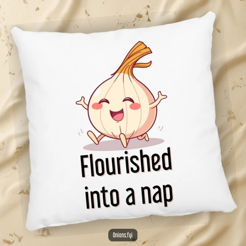 Funny pillow with a happy onion character tripping and recovering with a comical flourish.