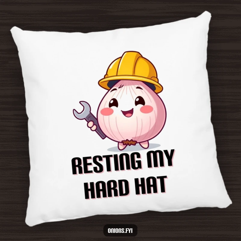 Soft funny onion character wearing a construction helmet, holding a wrench, a fluffy and humorous decorative pillow.