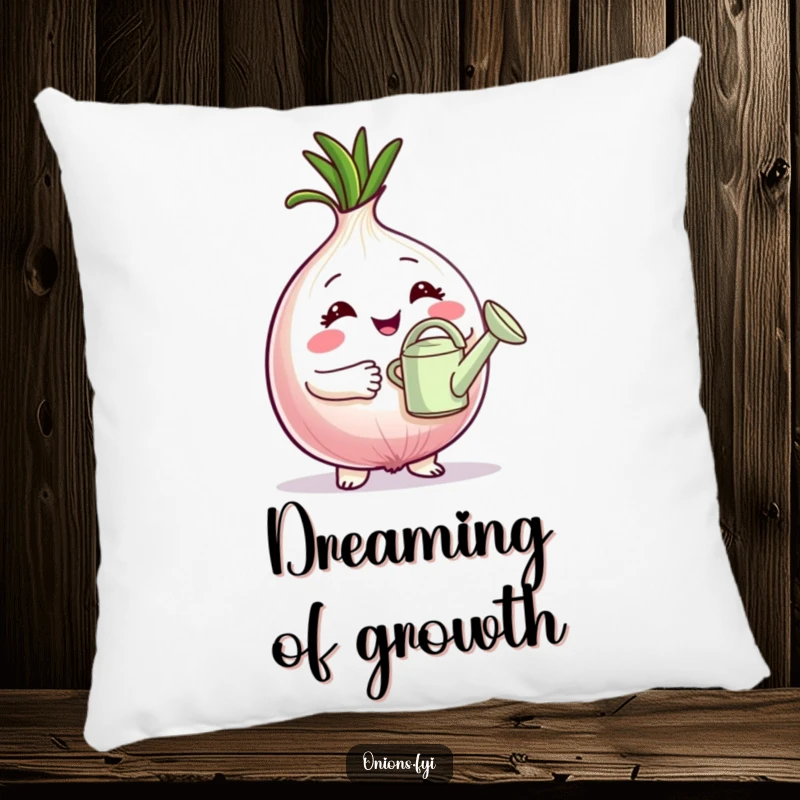 Funny Pillow: Proud onion character holding a tiny watering can, symbolizing nurturing care and gardening achievement. A cozy funny gift.