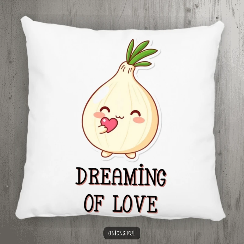 Funny Kawaii onion character holding a small heart above its head with affection, plush pillow with cute and loving theme, cozy home accent.