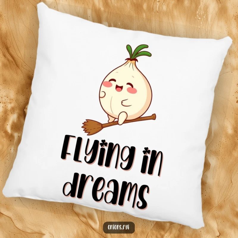 Funny pillow featuring a plump kawaii onion giggling while riding a tiny broomstick, designed for comfort and enchanting amusement.