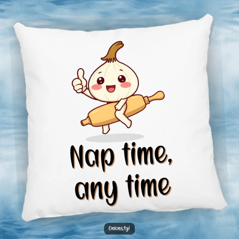 Funny Kawaii onion character giving thumbs up riding a rolling pin, soft pillow with cute and humorous kitchen theme, cozy home decor.