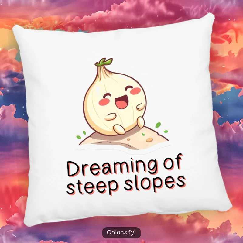 Funny Kawaii onion character laughing while rolling down a small hill, plush pillow with joyful and humorous theme, cozy home accent.