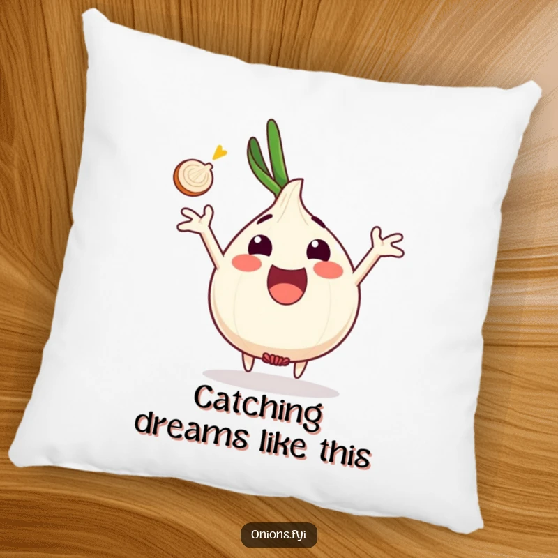 Funny onion character excited, arms outstretched catching onion slice, plush pillow, soft and funny gift.