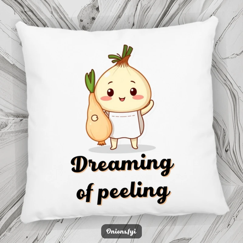 Funny pillow featuring an onion chef in an apron proudly presenting a peeled root vegetable, a decorative and humorous accent.