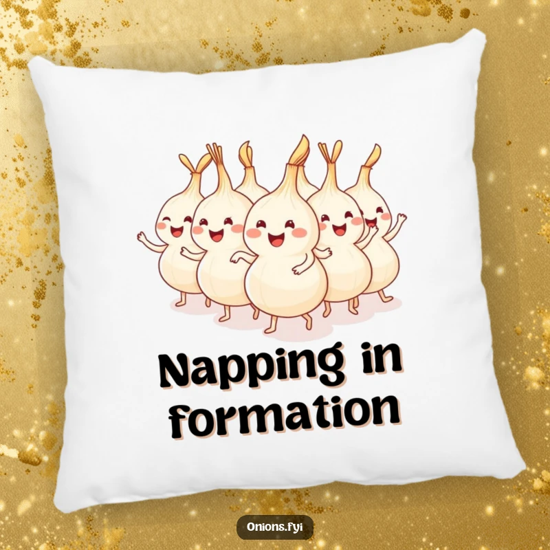 Funny onions in a conga line on a soft pillow, creating a festive and humorous ambiance.
