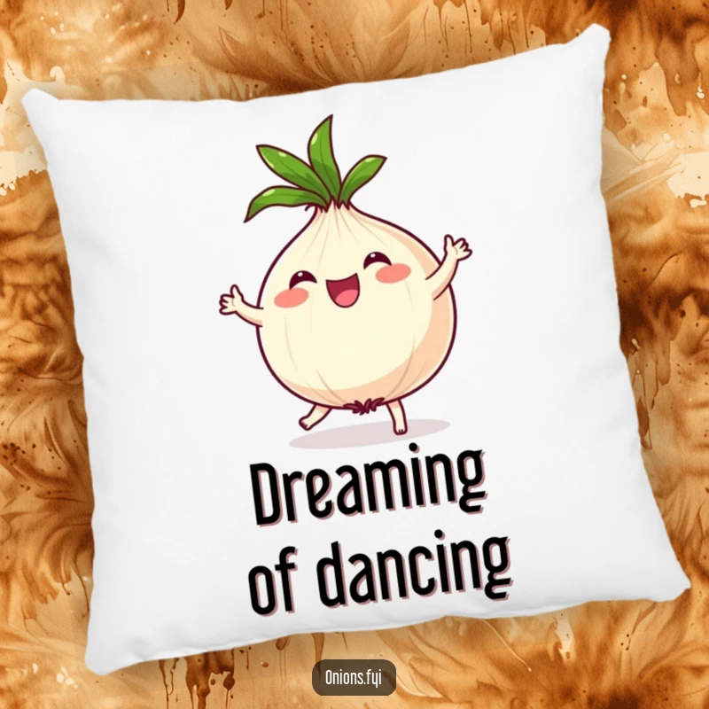 Funny Onion Pillow: A joyful onion character dances with its leafy top spinning, adding humor and comfort.